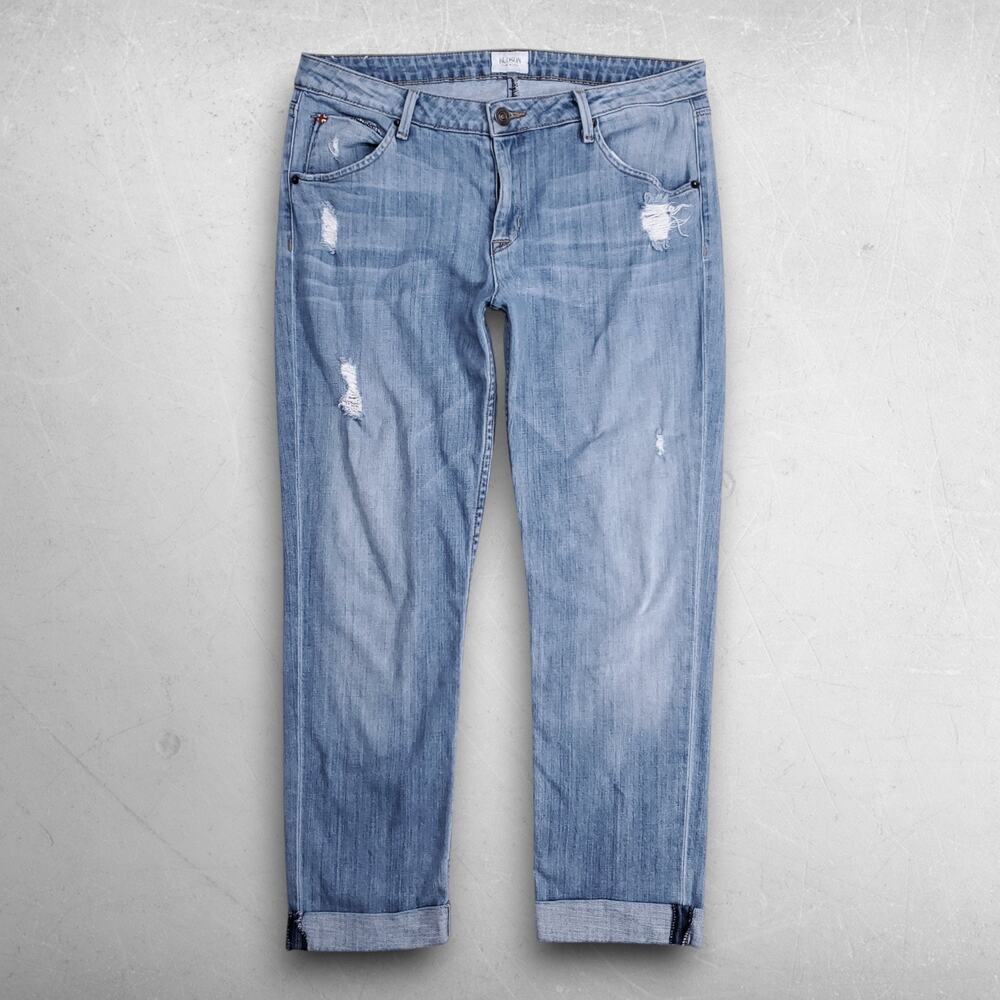 Hudson Bacara Crop Straight Cuffed Jeans Distressed Stretch Women 32 Md Blue